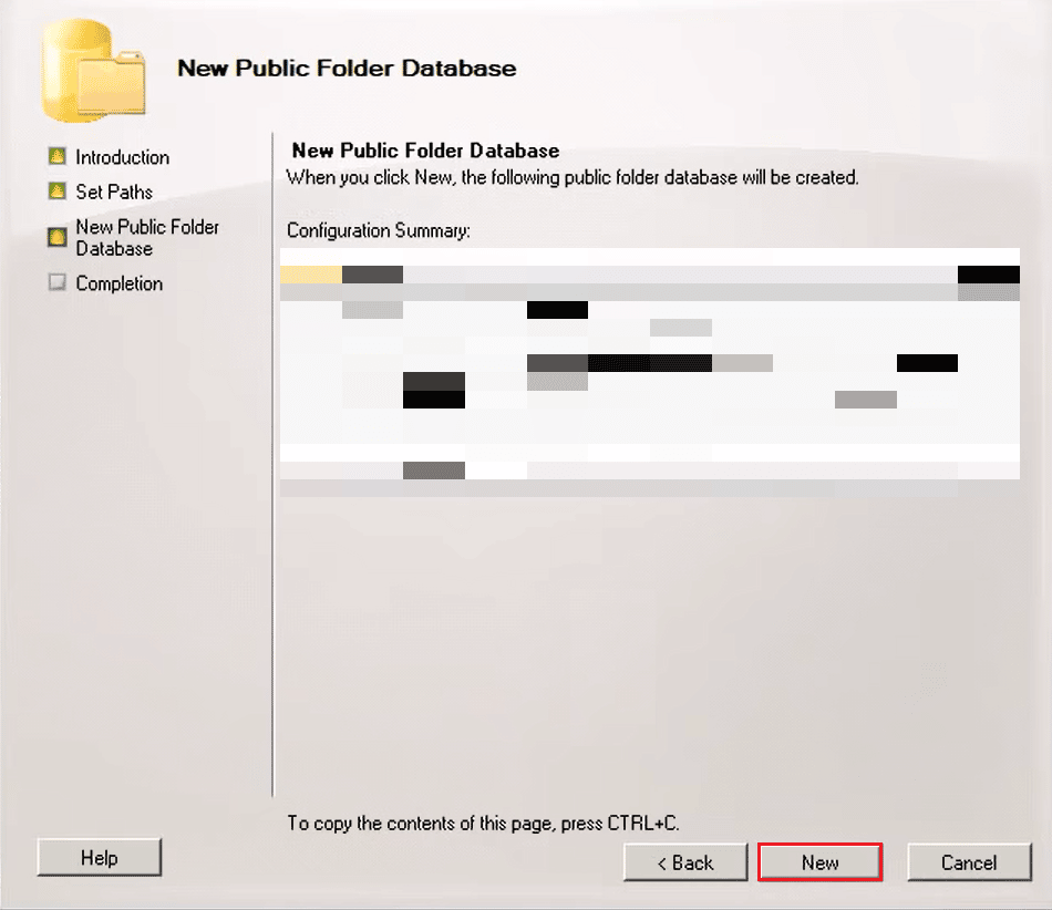 haga clic en Nuevo en la nueva ventana de la base de datos de carpetas públicas