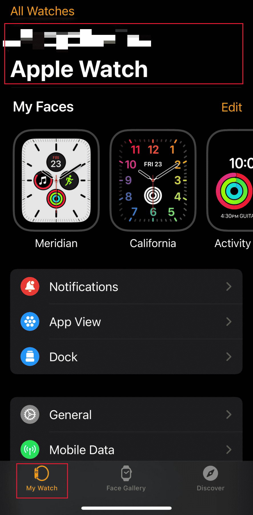 Pestaña Mi reloj: toque en su Apple Watch |  restaurar Apple Watch a la configuración de fábrica