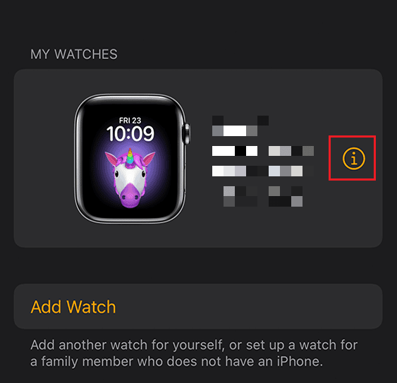 toca el icono de información junto al nombre de tu reloj