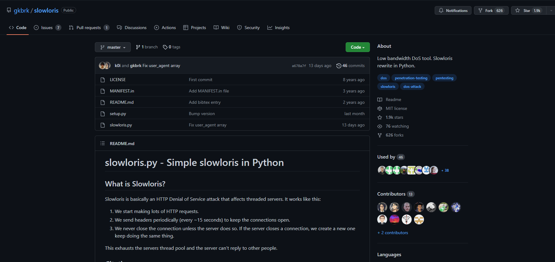 Página de Github de Slowloris.  Las 15 mejores herramientas gratuitas de ataque DDoS en línea