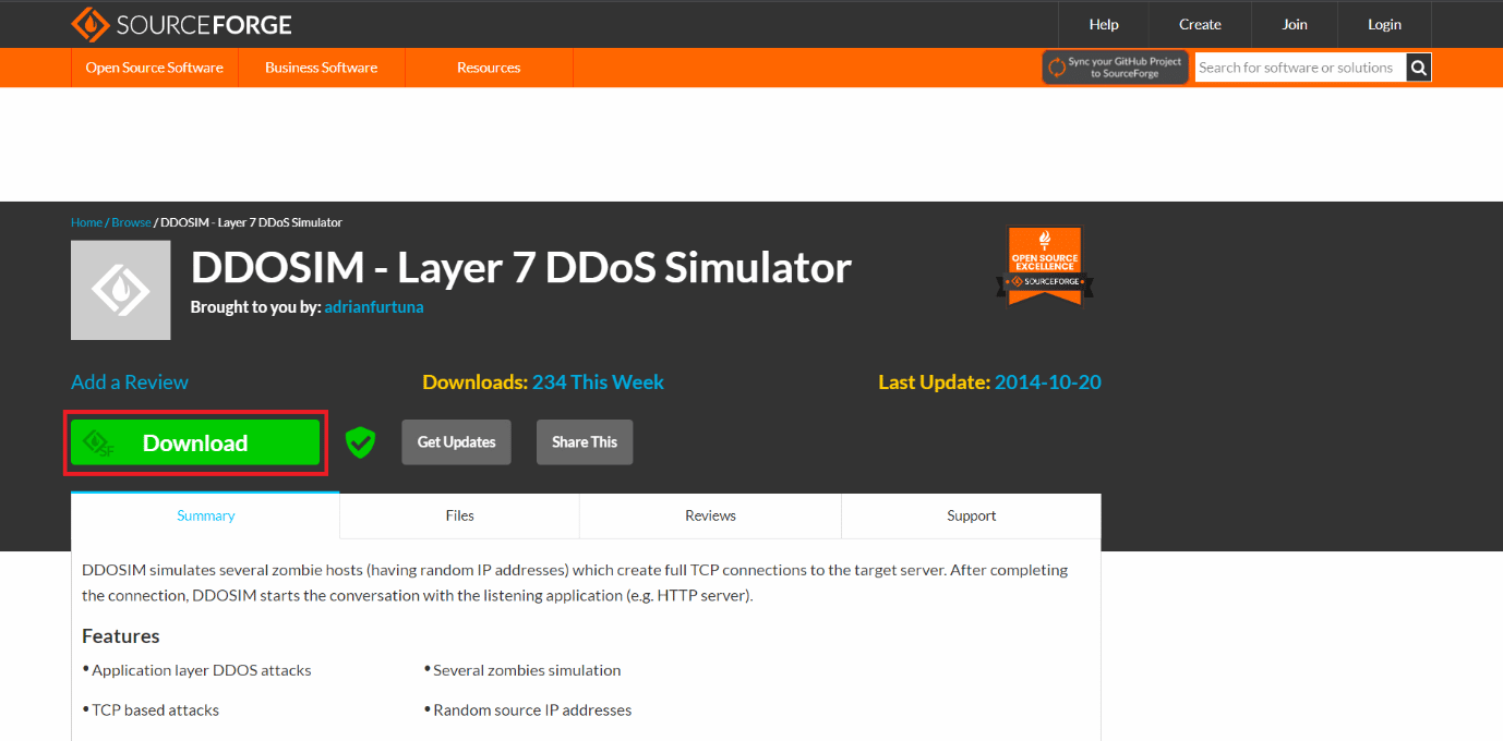 Página de descarga de DDOSIM