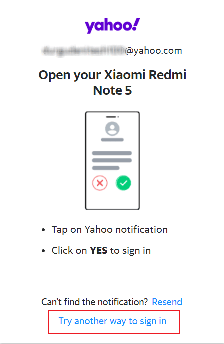 haga clic en Probar otra forma de iniciar sesión | Cómo cambiar el número de teléfono en Yahoo Mail
