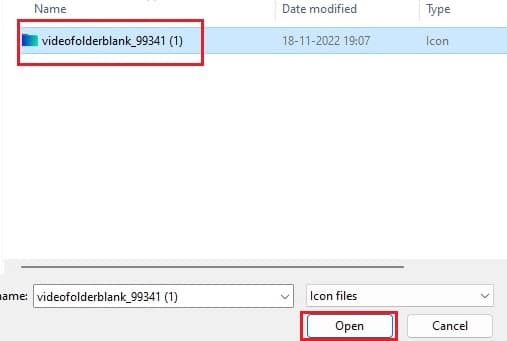 Seleccione el archivo del icono y haga clic en Abrir.  Cómo cambiar el color de la carpeta en Windows 10