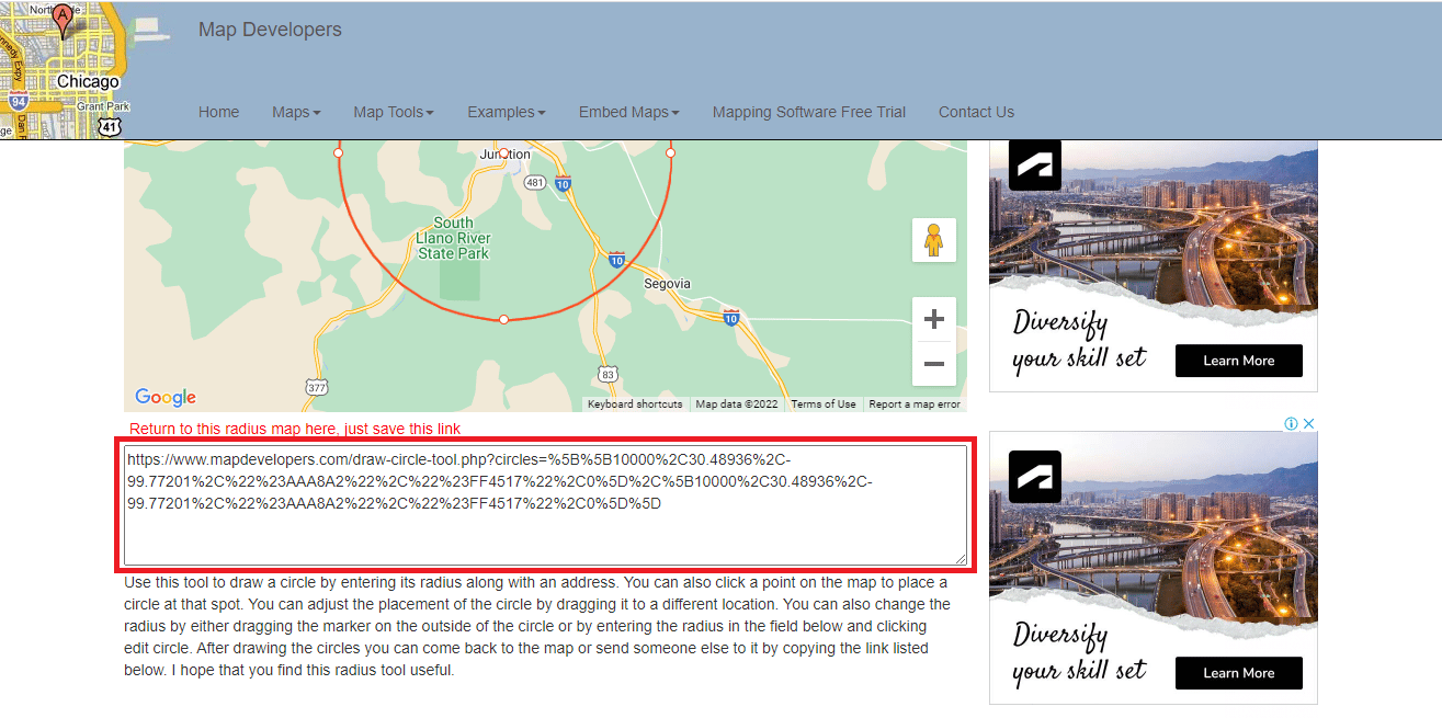 Desplácese hacia abajo para guardar este enlace que le permitirá volver al mapa de radio.  Cómo dibujar el radio en la aplicación Google Maps
