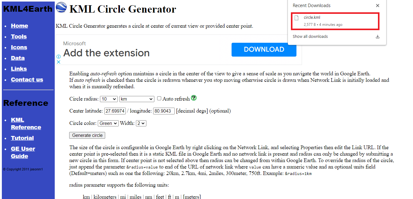 Se descargará un archivo llamado circle.kml.  Cómo dibujar el radio en la aplicación Google Maps