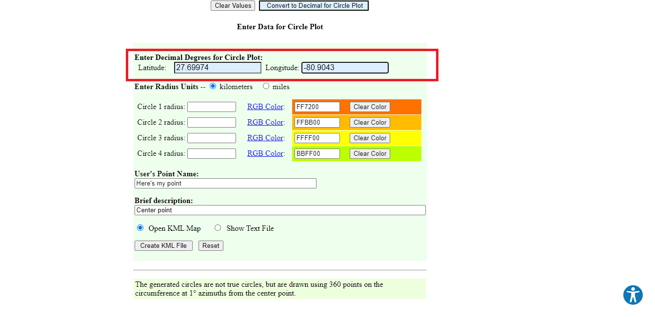 Desplácese hacia abajo en el sitio web para pegar los detalles de latitud y longitud.  Cómo dibujar el radio en la aplicación Google Maps