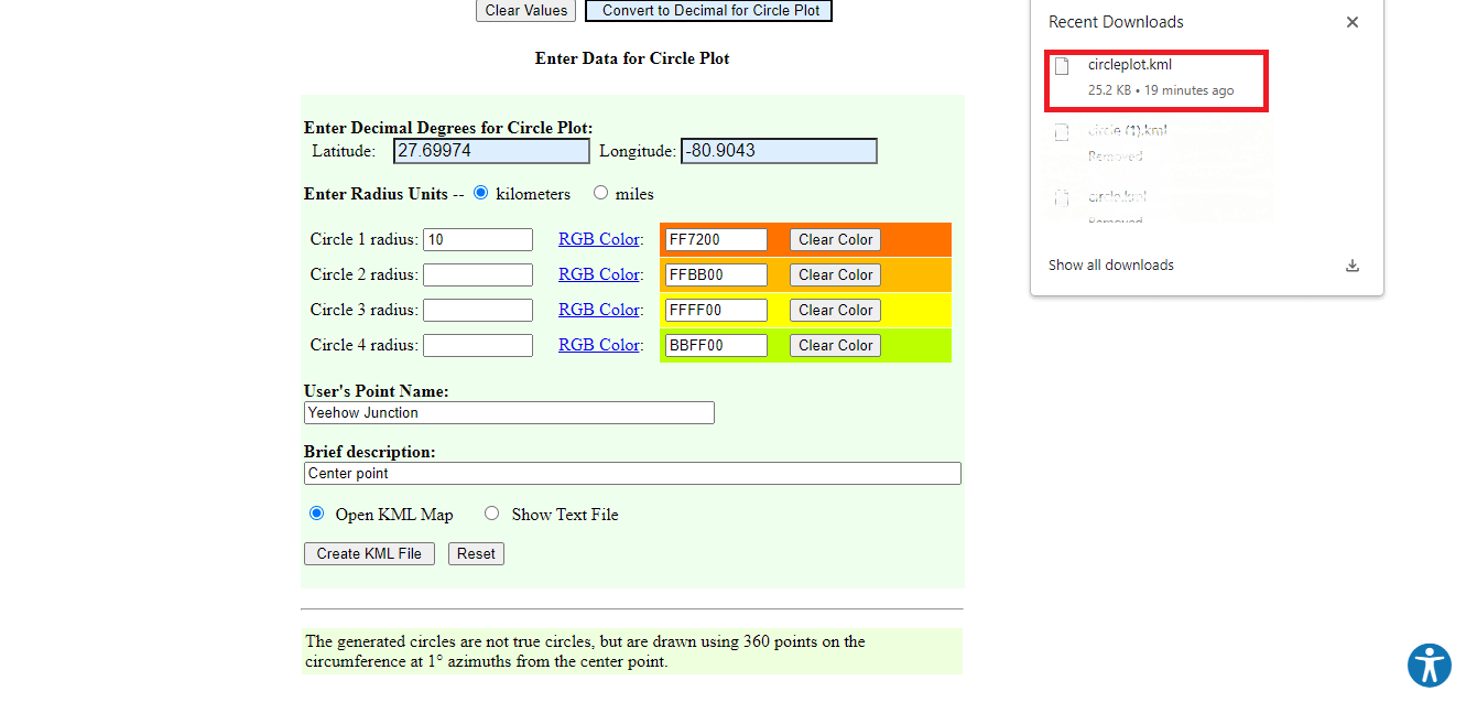Se descargará un archivo llamado circleplot.kml