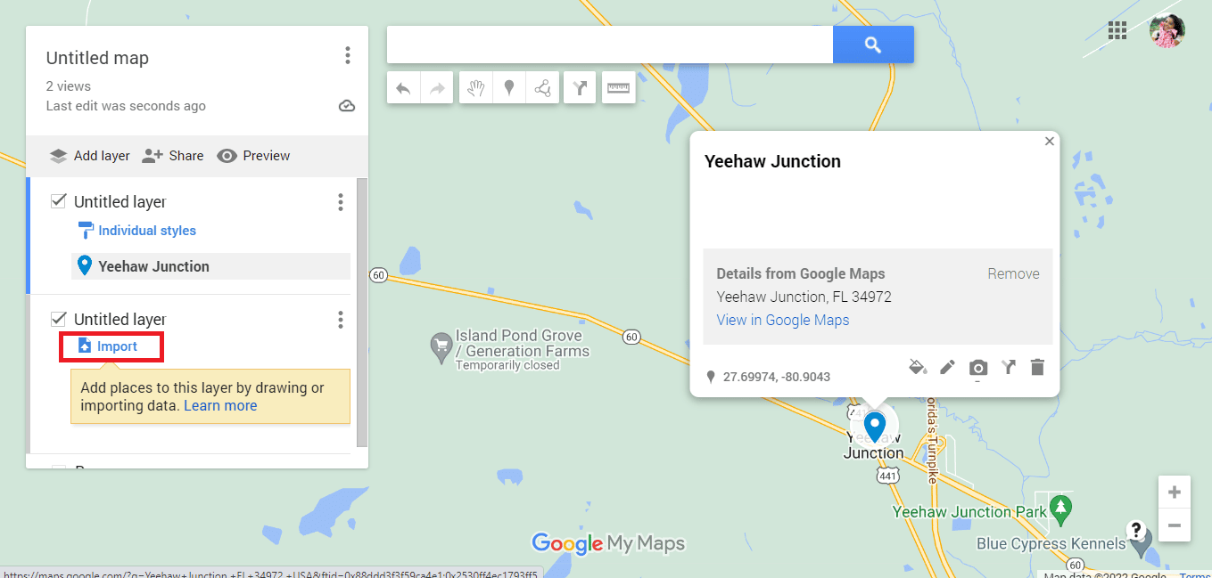 Haga clic en la opción Importar.  Cómo dibujar el radio en la aplicación Google Maps