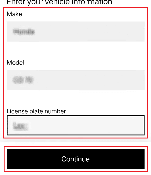 información del vehículo, como marca, modelo y número de placa, y toque Continuar |  Cómo cambiar mi Uber Car a Bike en Uber Eats