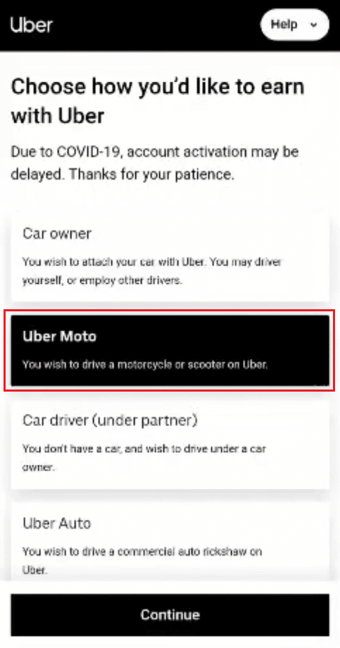 seleccione Uber Moto para conducir una motocicleta o scooter en Uber y toque Continuar |  Cómo cambiar mi Uber Car a Bike en Uber Eats