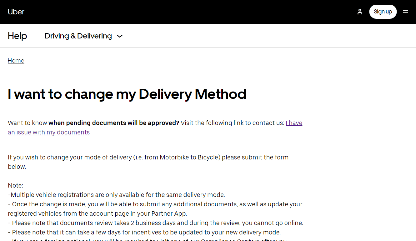 Centro de ayuda de Uber |  Cómo cambiar mi Uber Car a Bike en Uber Eats