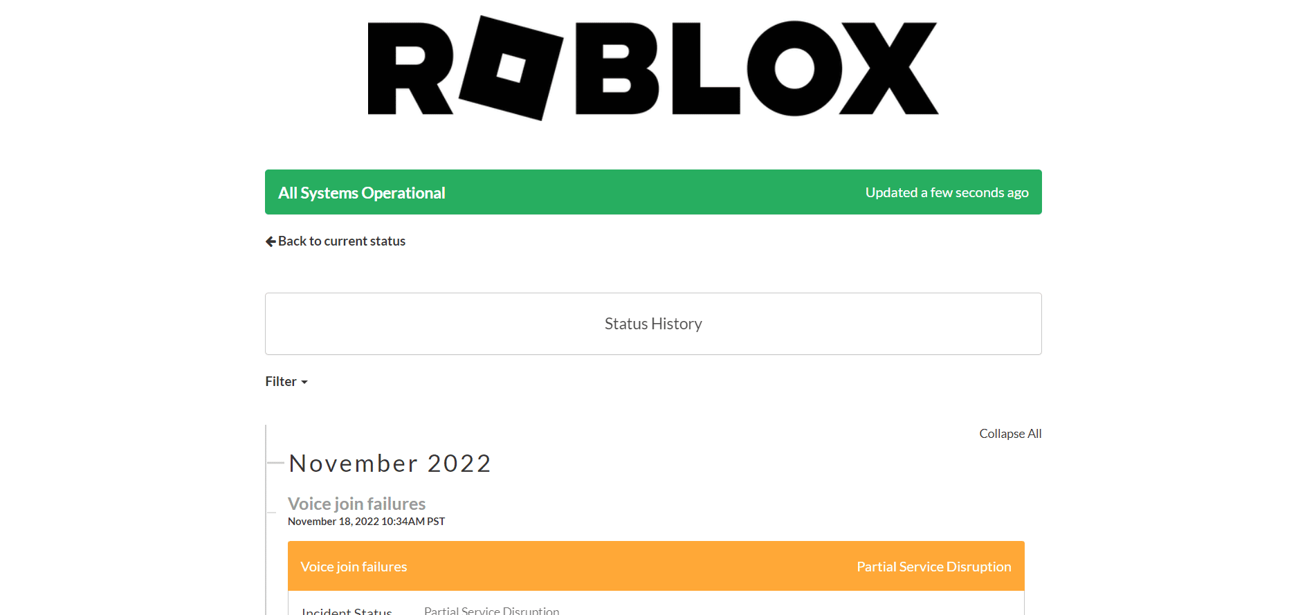 Página de estado de Roblox