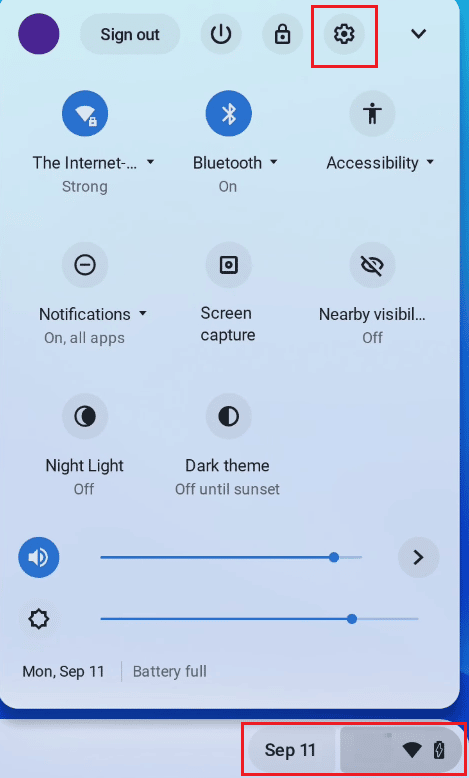 En el panel de Configuración rápida, haga clic en el icono de engranaje de Configuración |  Cómo eliminar imágenes en Chromebook de solo lectura