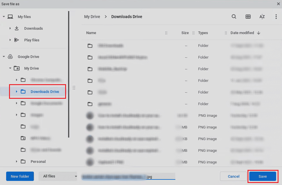 Seleccione la carpeta deseada y haga clic en Guardar |  Cómo eliminar imágenes en Chromebook de solo lectura