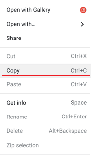 Haga clic con el botón derecho en los archivos y haga clic en Copiar en el menú contextual |  Cómo eliminar imágenes en Chromebook de solo lectura