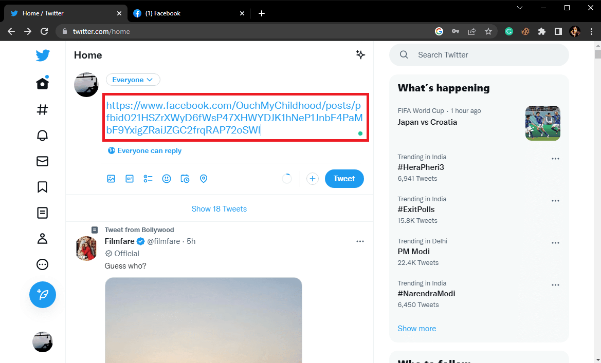 Haga clic en el ¿Qué está pasando? cuadro de texto y pegue el enlace copiado