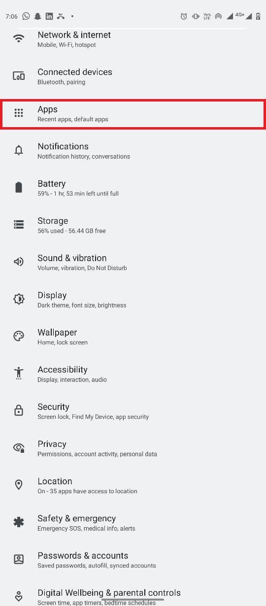 Abra Configuración desde el menú del teléfono y seleccione Aplicaciones. Arreglar Google para Android muestra un problema sin conexión