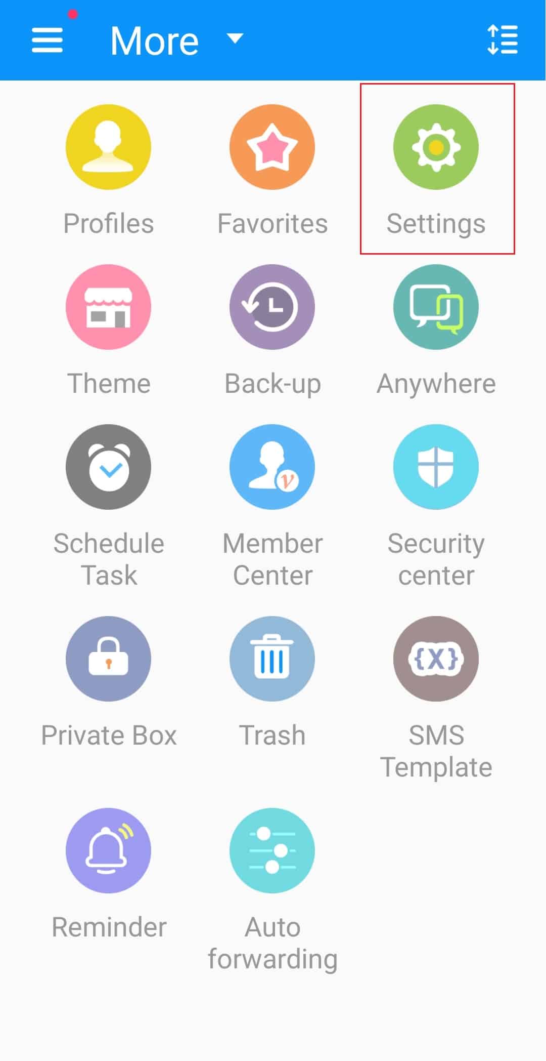 toque Configuración en Handcent Next SMS messenger