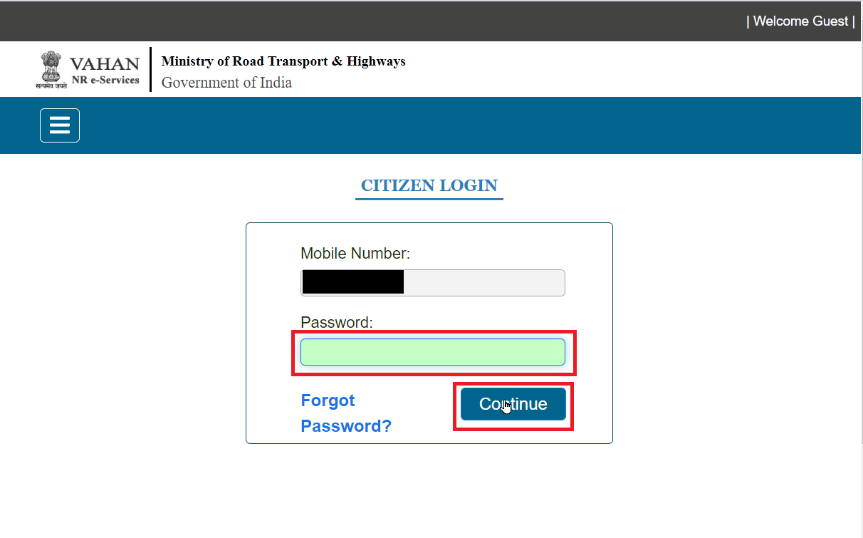 ingrese la contraseña y haga clic en continuar.  Cómo encontrar el propietario registrado de un vehículo de forma gratuita en la India