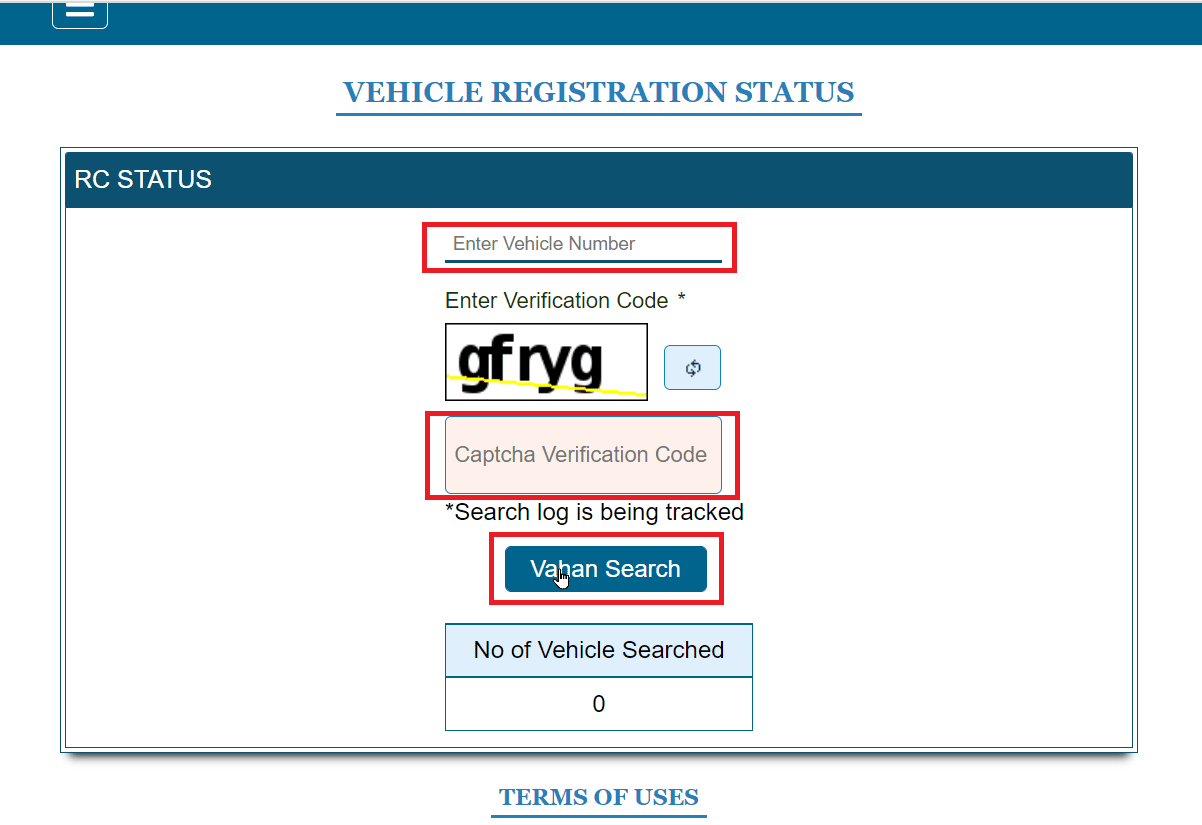 ingrese el número de vehículo, el código captcha y haga clic en búsqueda de vahan.  Cómo encontrar el propietario registrado de un vehículo de forma gratuita en la India