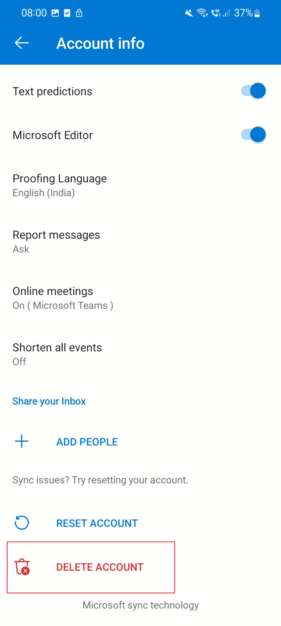 toque la opción Eliminar cuenta. Solucionar el error de Outlook Este elemento no se puede mostrar en el panel de lectura