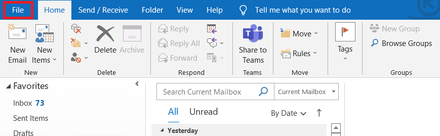 haga clic en la opción Archivo. Solucionar el error de Outlook Este elemento no se puede mostrar en el panel de lectura
