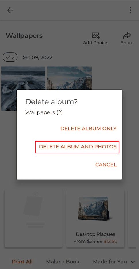 toca ELIMINAR ÁLBUM Y FOTOS