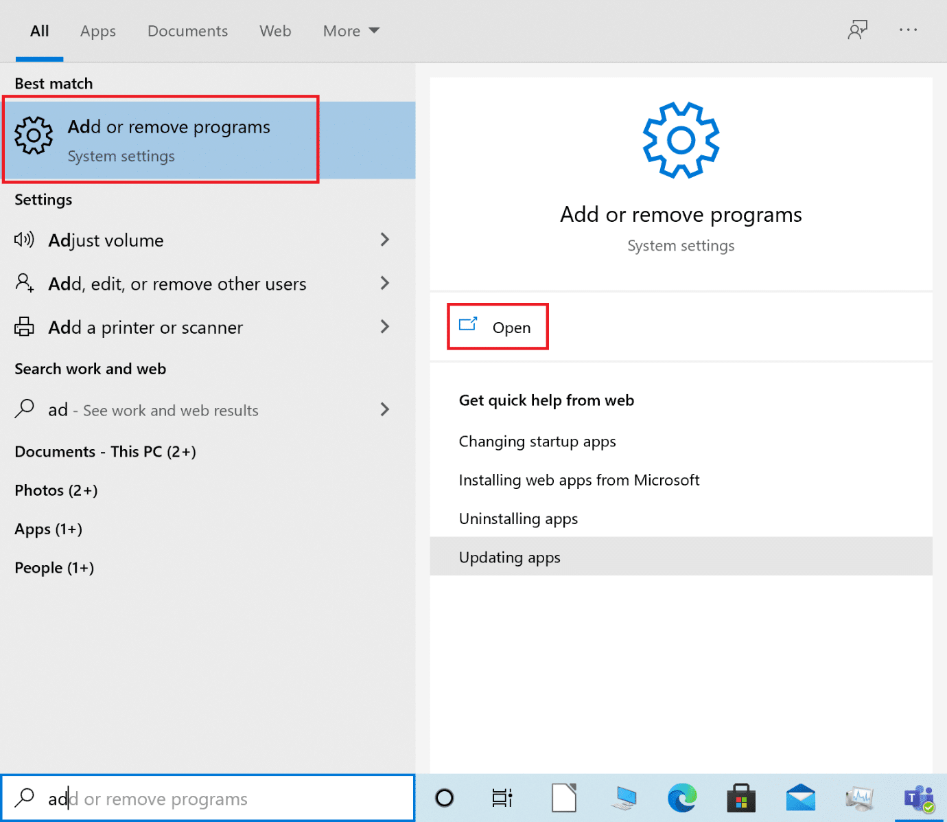 Inicie Agregar o quitar programas de la búsqueda de Windows