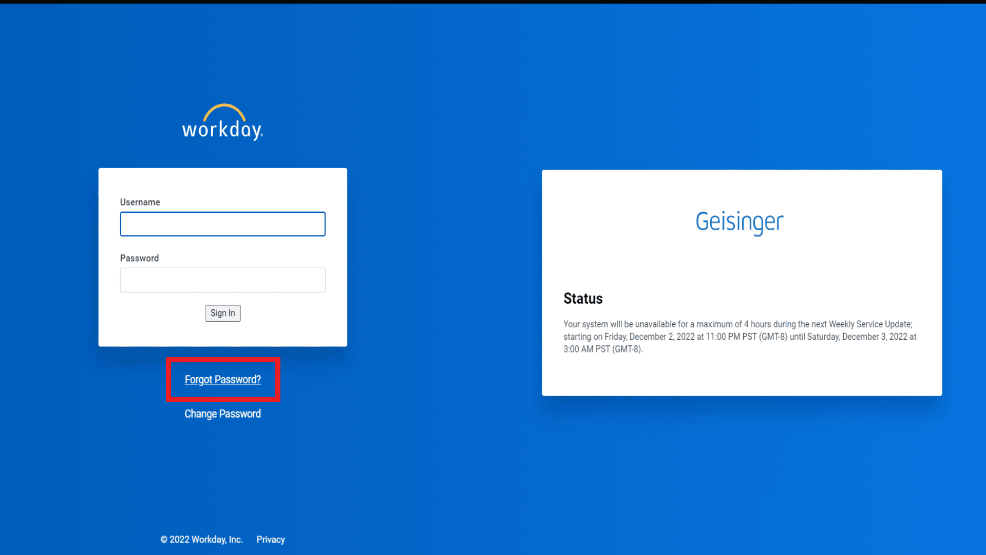 Haga clic en la opción Olvidé mi contraseña debajo del botón Iniciar sesión |  acceder a Workday después de dejar la empresa