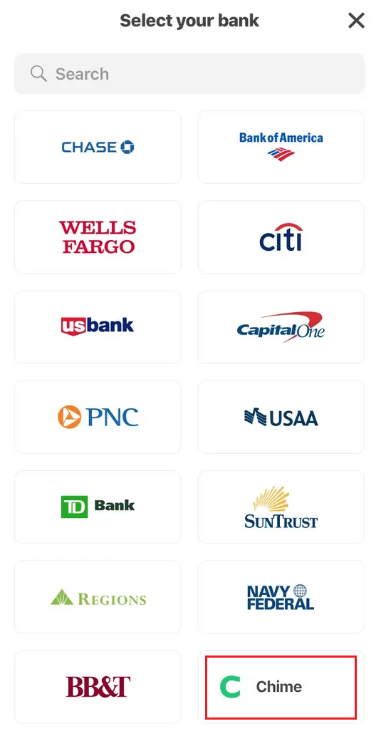 Seleccione Chime de las opciones de banco disponibles |