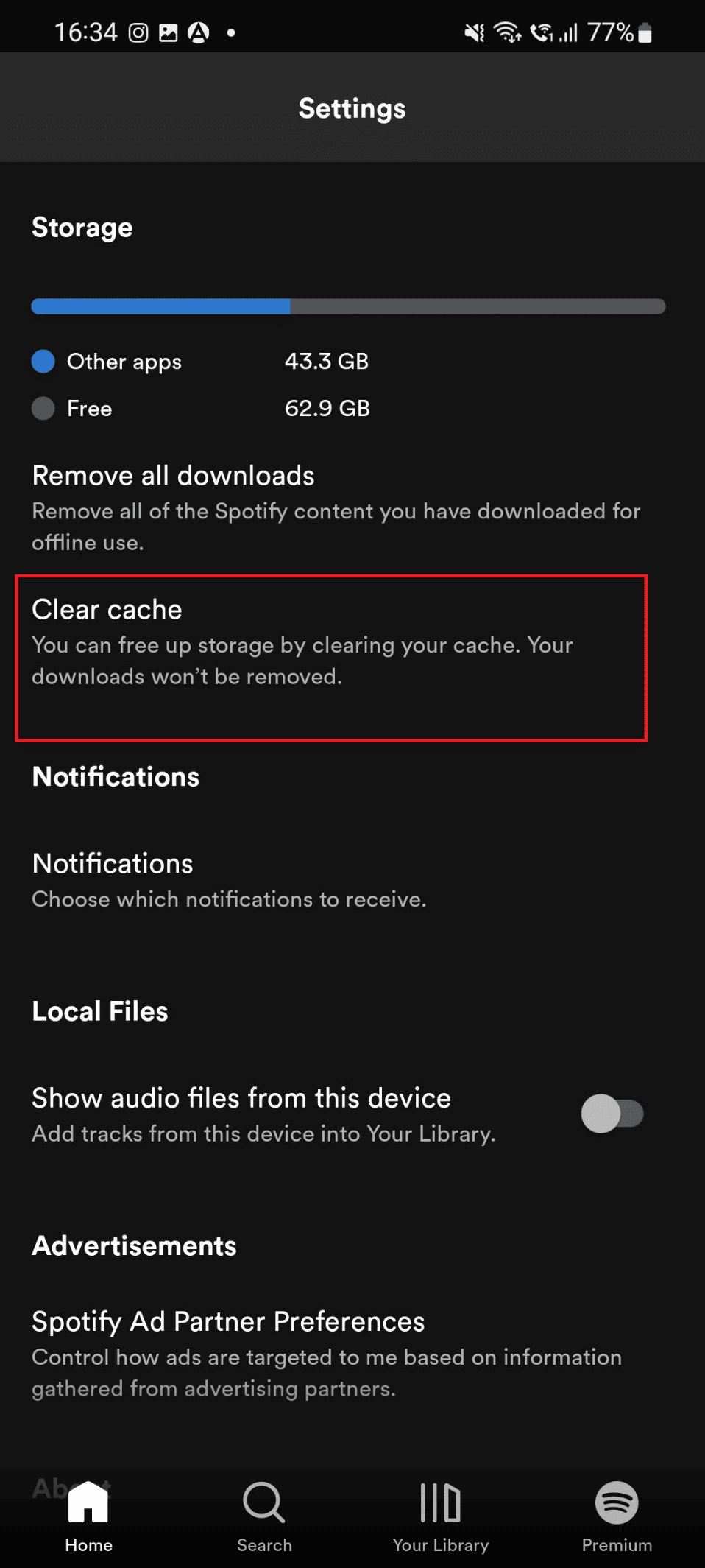 borrar la opción de caché para la aplicación spotify en android