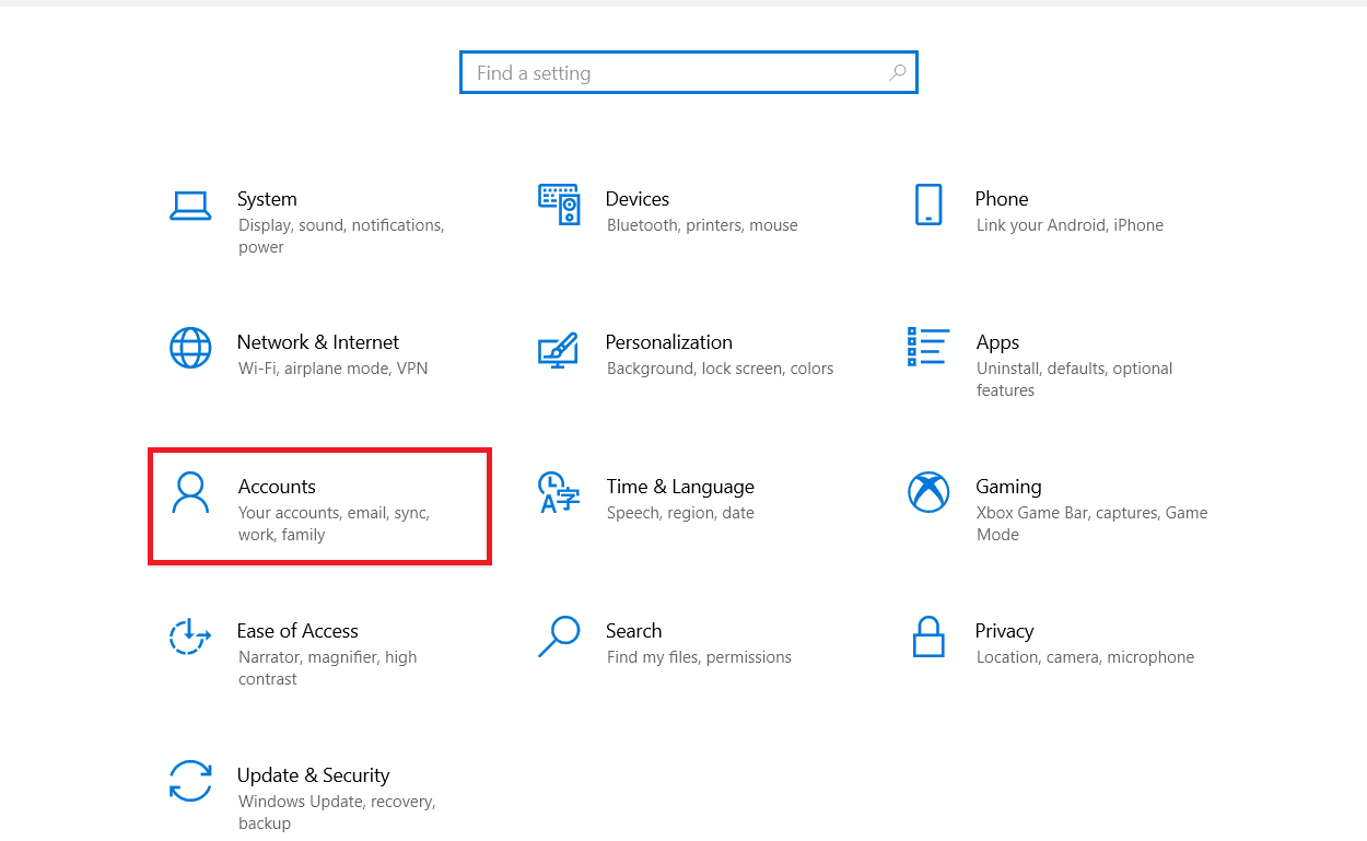 Navegue y haga clic en Cuentas. ¿Qué hacer si Windows 10 sigue bloqueándose solo?