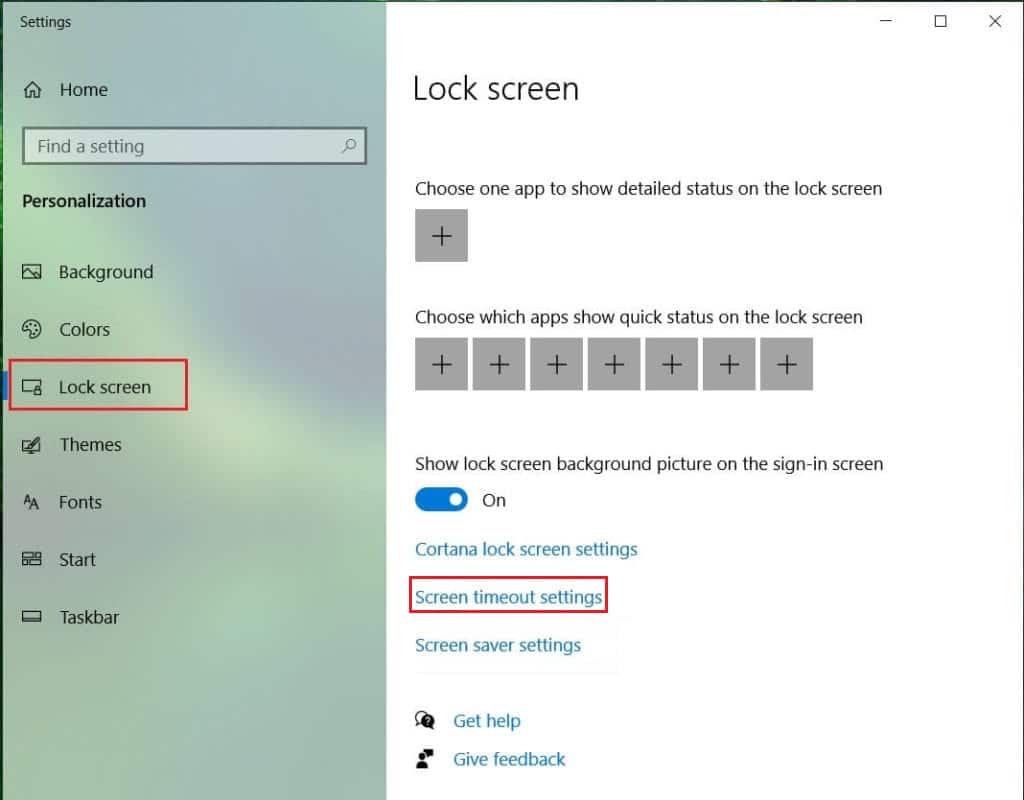 vaya a la pantalla de bloqueo y haga clic en la configuración de tiempo de espera de la pantalla de Windows 10