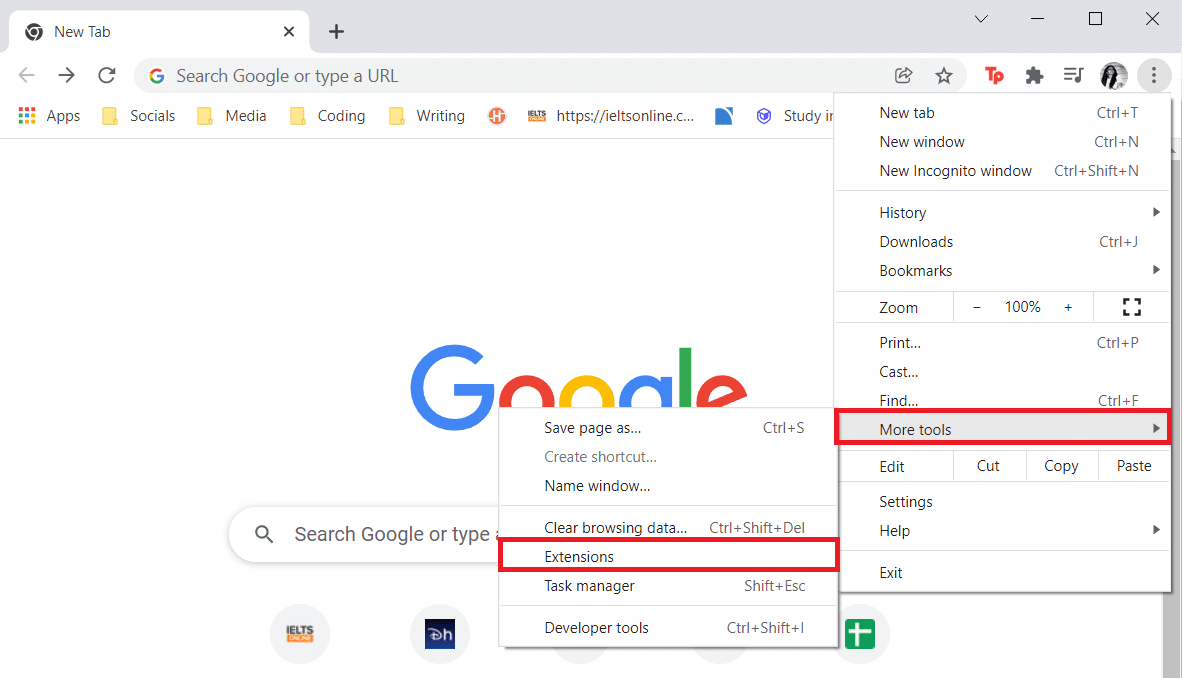 Vaya a Más herramientas y haga clic en Extensiones.  Fix Zoom dice que no es elegible para registrarse en Zoom en este momento