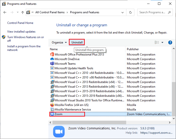 Haga clic en Zoom y seleccione Desinstalar.  Fix Zoom dice que no es elegible para registrarse en Zoom en este momento