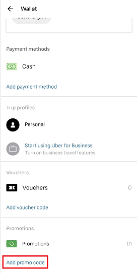 Navegue por Promociones y toque Agregar código de promoción.  | 