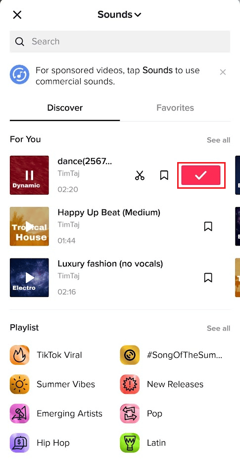 Toque el sonido deseado - icono de marca de verificación