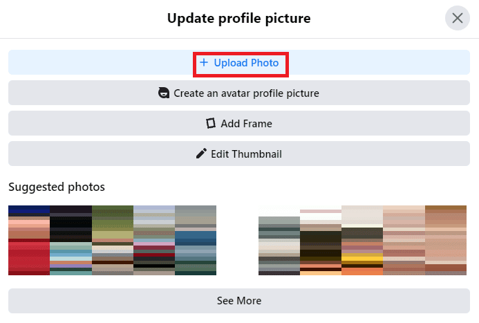 Seleccione una imagen de las sugerencias de Facebook o haga clic en Cargar foto para seleccionar una imagen de su computadora