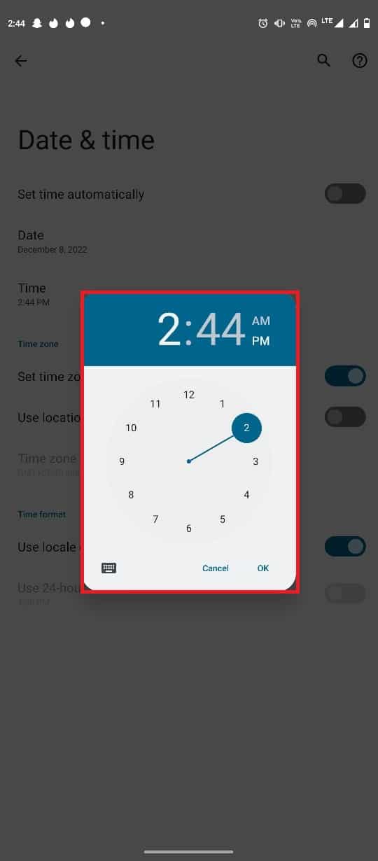 toque Hora y establezca la hora correcta en el reloj.  Arreglar el formato de archivo de WhatsApp no ​​compatible con Android
