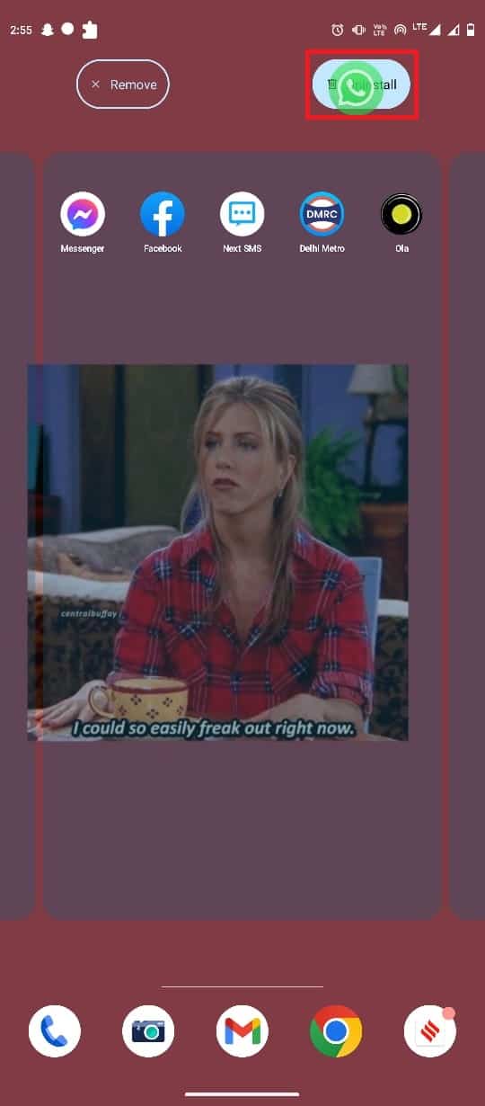 arrastre WhatsApp y suéltelo en la opción Desinstalar 