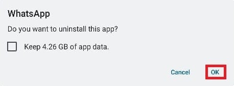 Confirme la desinstalación.  Arreglar el formato de archivo de WhatsApp no ​​compatible con Android