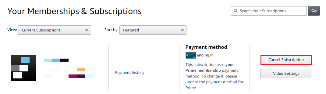En Sus membresías y suscripciones, haga clic en Cancelar suscripción junto a la suscripción a Starz |  Bellota incluida con Amazon Prime