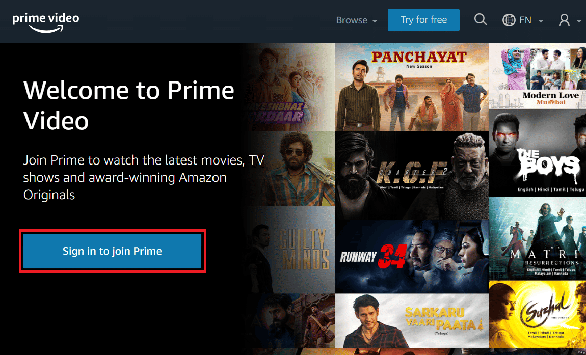 Inicie sesión en su cuenta desde el sitio web de Prime Video