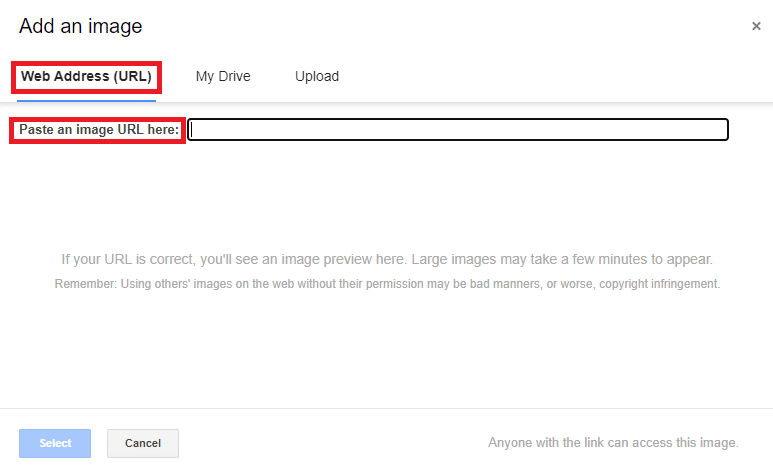 Haga clic en el ícono Insertar imagen y navegue hasta la Dirección web (URL)