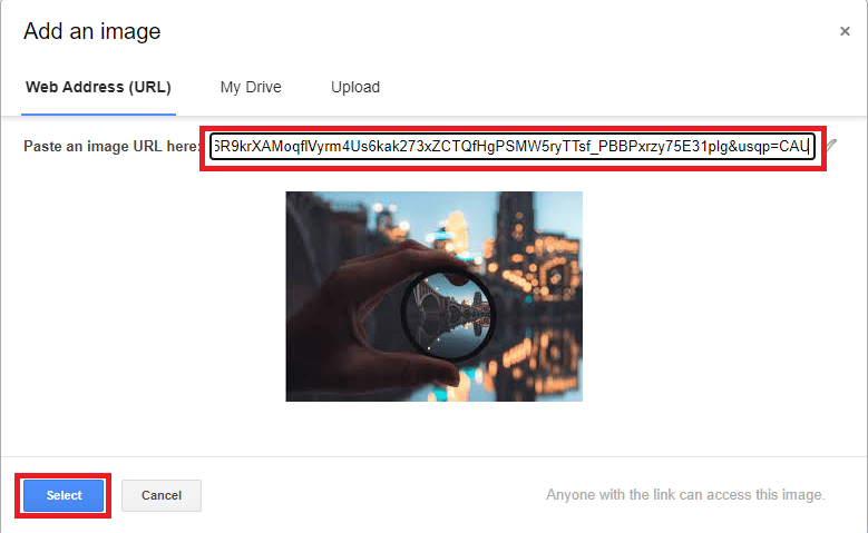 Copie la URL de la imagen y péguela en la opción Pegar una URL de imagen aquí y haga clic en la opción Seleccionar
