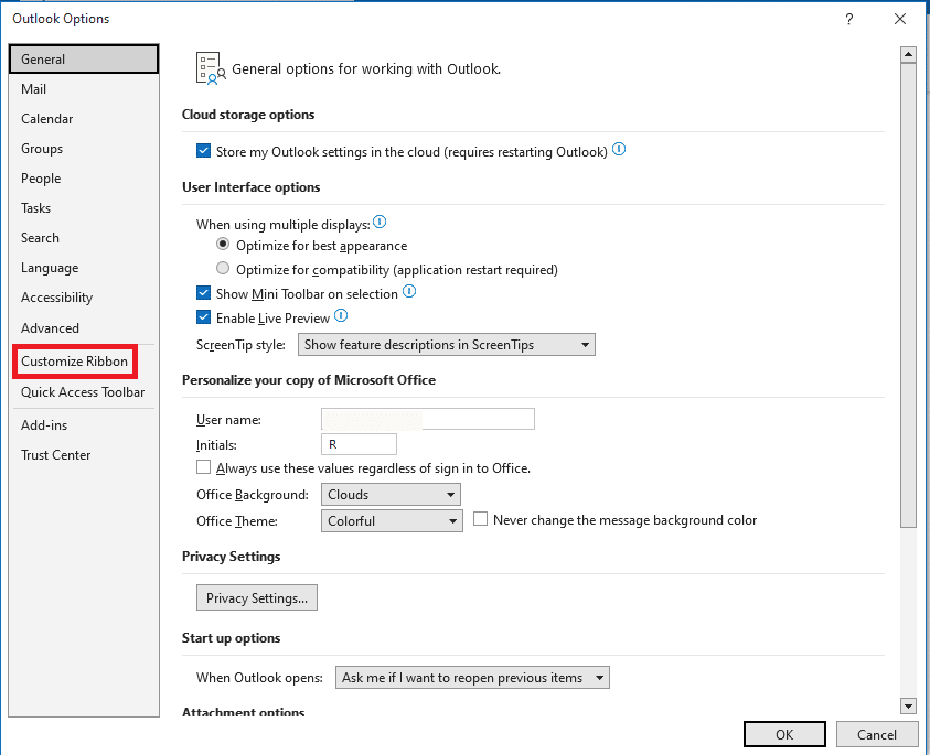 Haga clic en Personalizar cinta