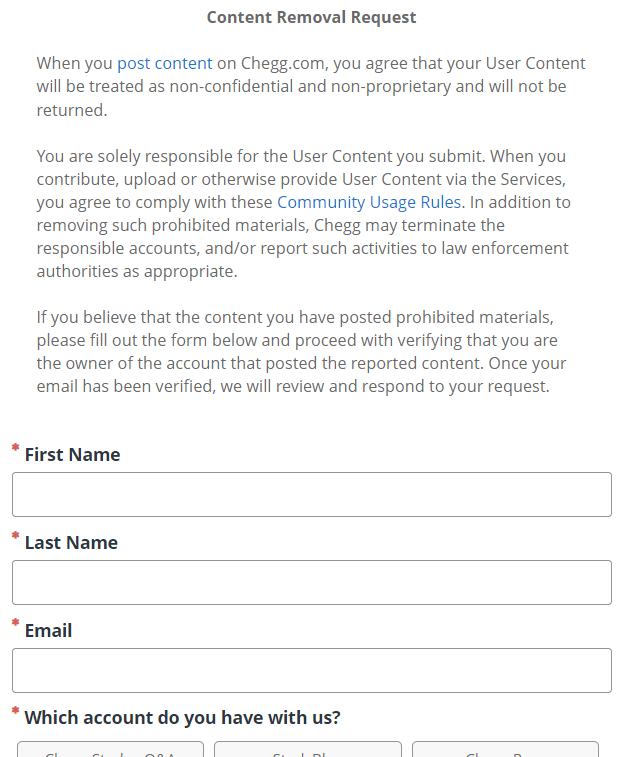 Solicitud de eliminación de contenido Chegg