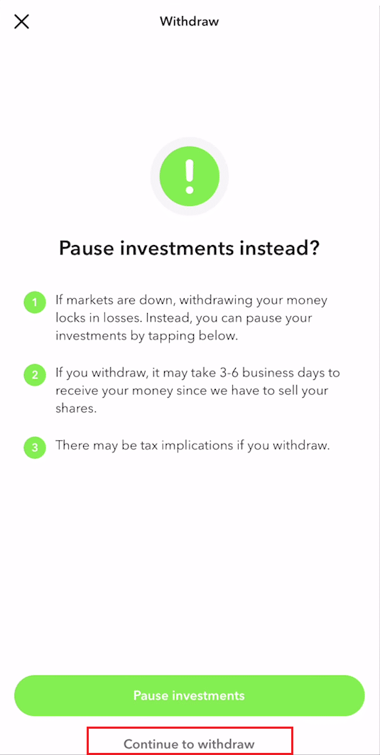 toca Retirar - Continuar retirando |  crear cuenta de inversión Bellotas