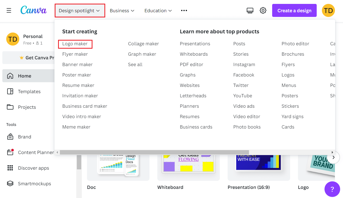 desplace el cursor sobre Diseño destacado y haga clic en Creador de logotipos