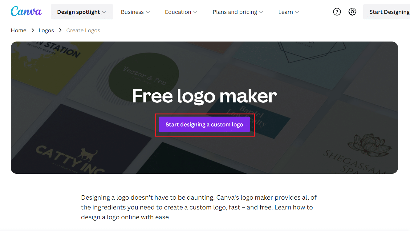 Haga clic en Comenzar a diseñar un logotipo personalizado